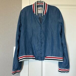 Mossimo Supply Co Denim Bomber Jacket Womens XL Blue‎ Collared Striped Trim